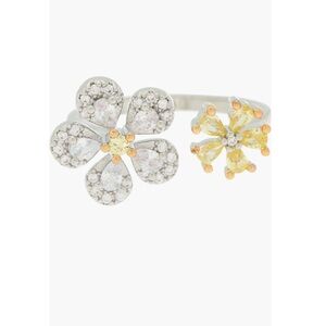NORDSTROM Cubic Zirconia Flower Crystal Open Size Elegant Silver & Yellow Ring